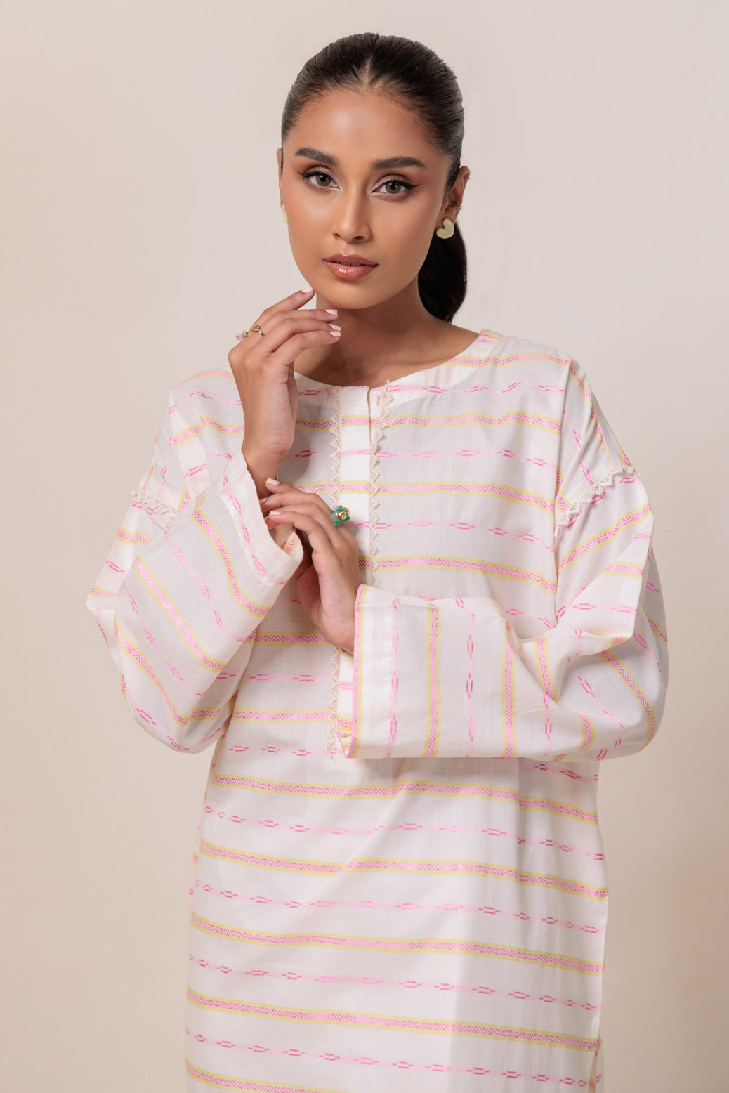 Dyed Self Jacquard Off White Kurti - Bonanza