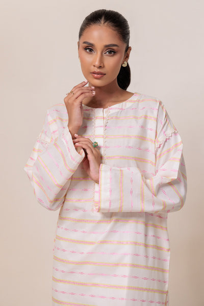 Dyed Self Jacquard Off White Kurti - Bonanza