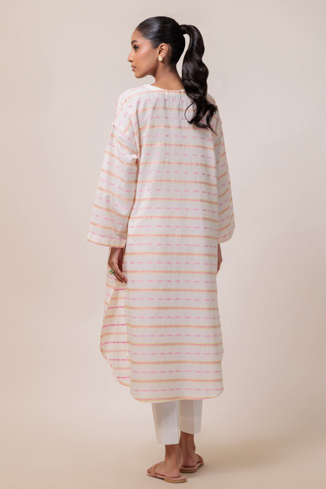 Dyed Self Jacquard Off White Kurti - Bonanza