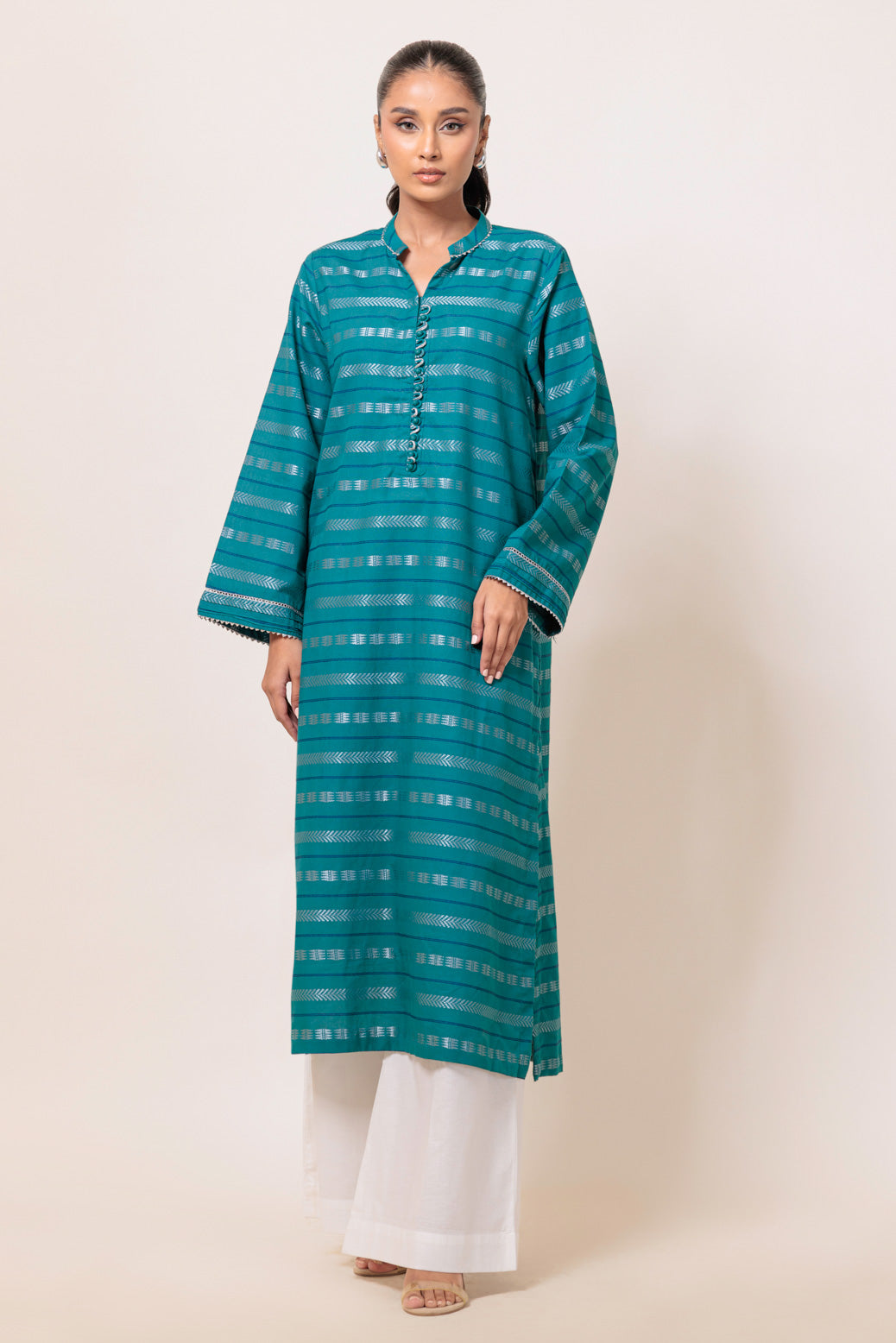 Dyed Self Jacquard Green Kurti - Bonanza