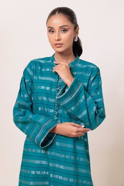 Dyed Self Jacquard Green Kurti - Bonanza