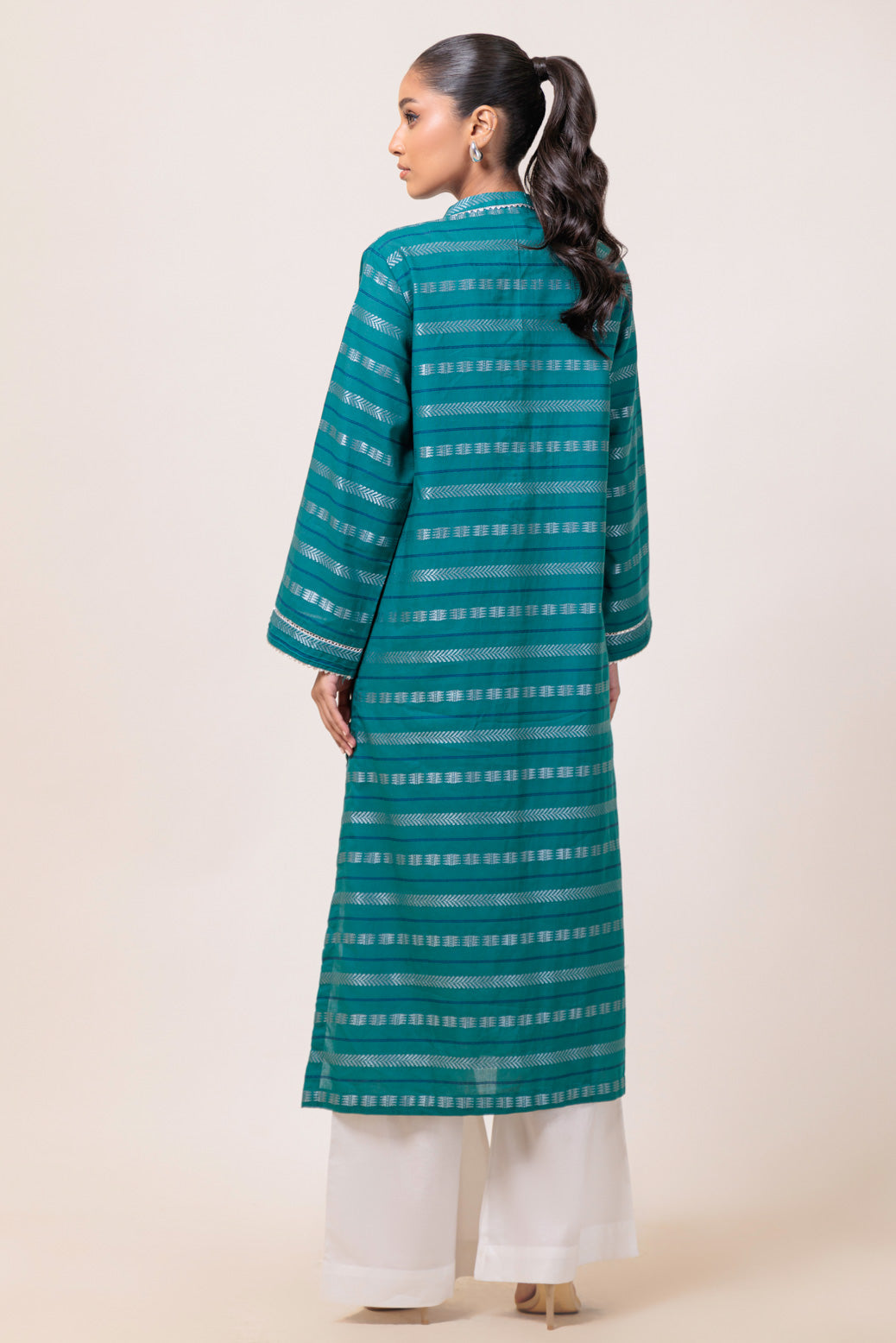 Dyed Self Jacquard Green Kurti - Bonanza