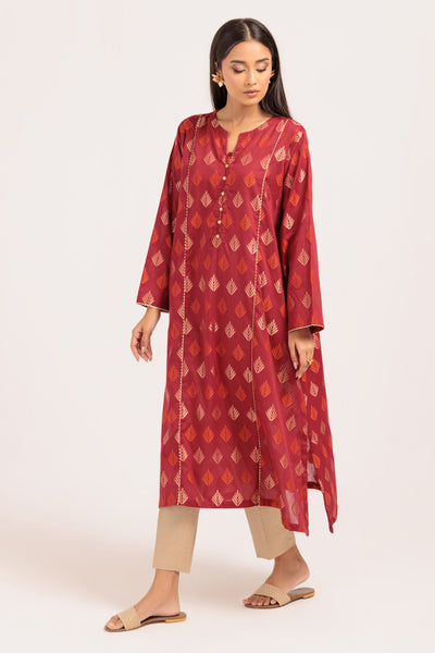 Dyed Fancy Jacquard Red Kurti - Bonanza