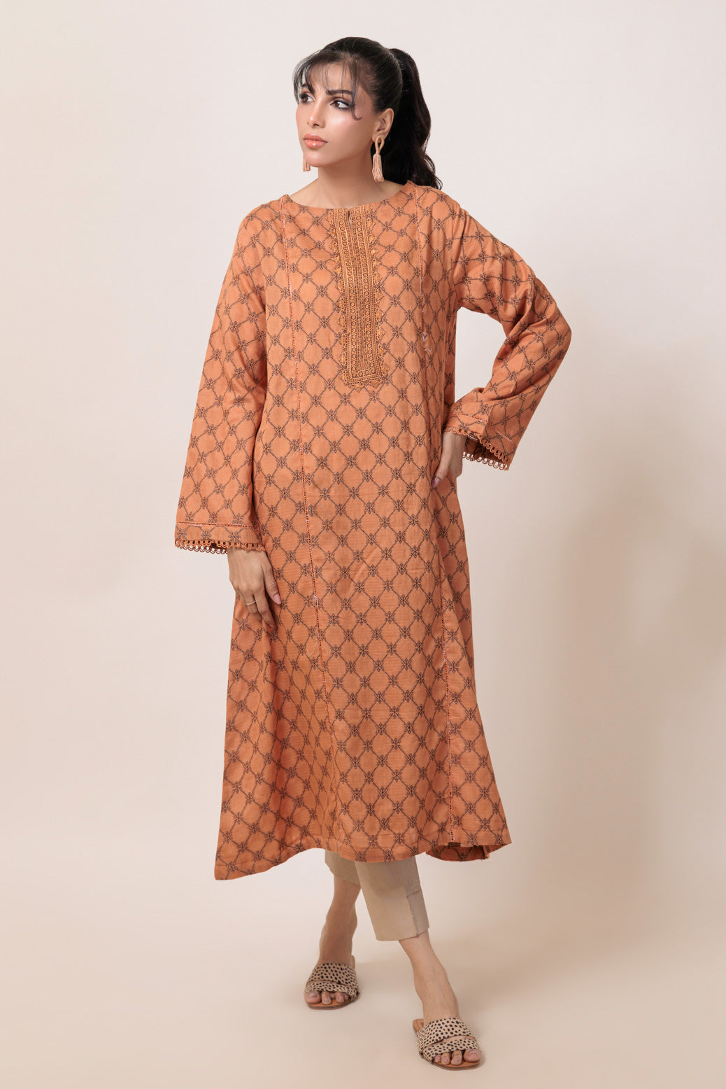 Dyed Self Jacquard Brown Kurti - Bonanza