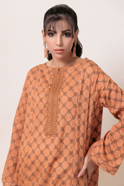 Dyed Self Jacquard Brown Kurti - Bonanza