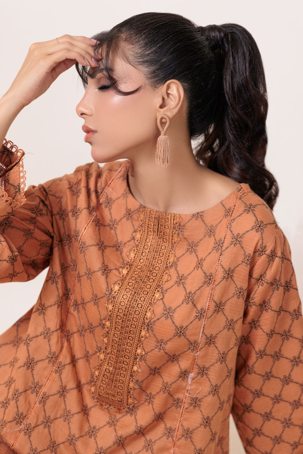 Dyed Self Jacquard Brown Kurti - Bonanza