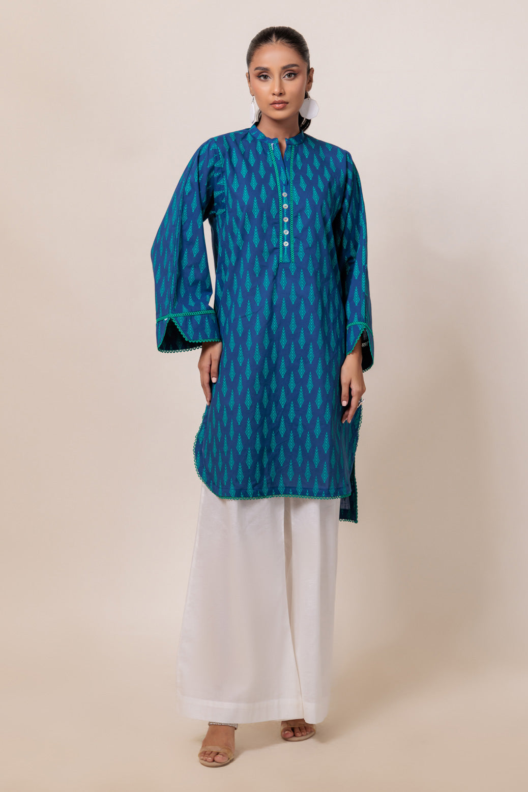 Dyed Cambric Screen Printed Blue Kurti - Bonanza