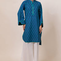 Dyed Cambric Screen Printed Blue Kurti - Bonanza