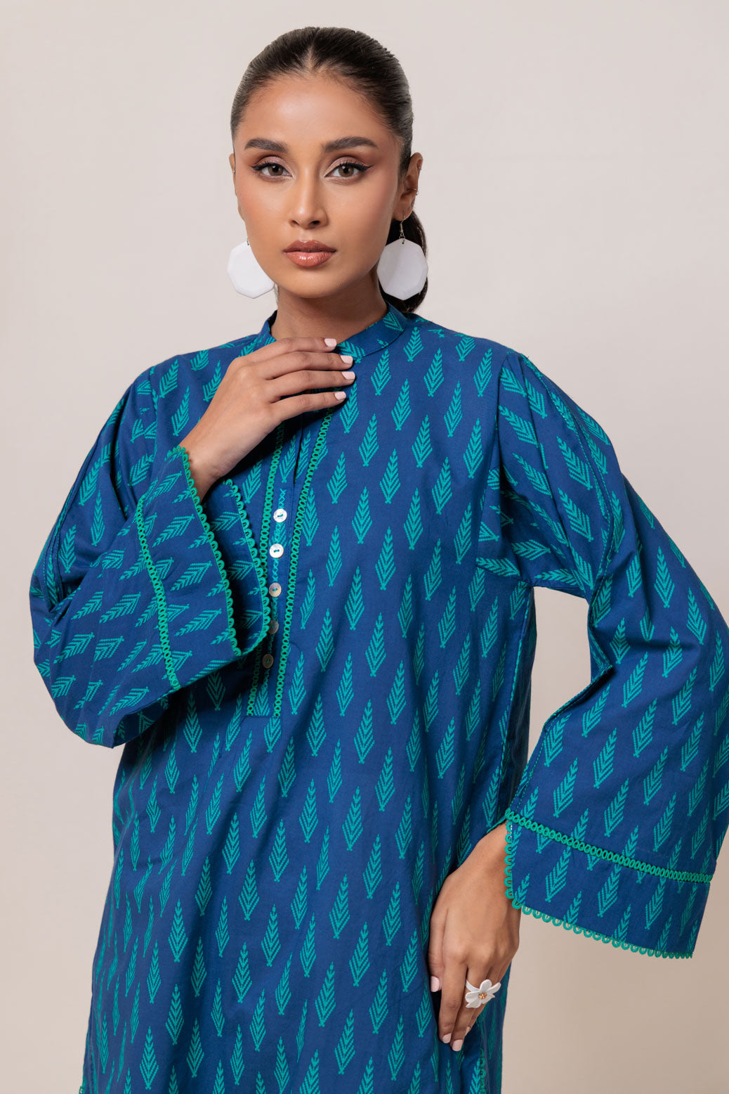 Dyed Cambric Screen Printed Blue Kurti - Bonanza