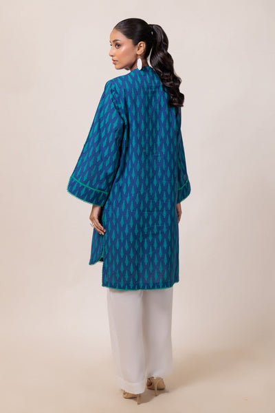 Dyed Cambric Screen Printed Blue Kurti - Bonanza