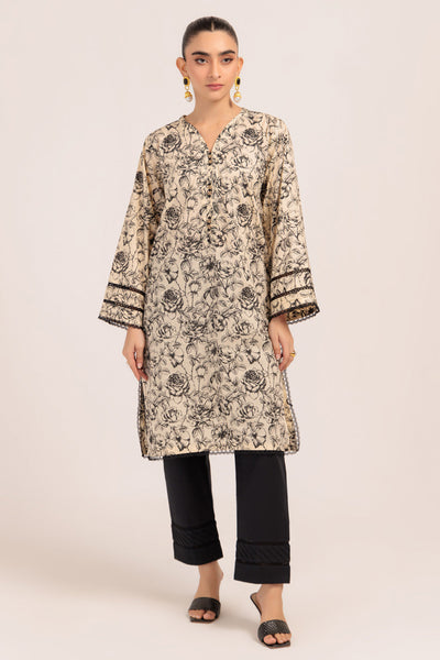 Dyed Cambric Screen Printed Beige Kurti - Bonanza