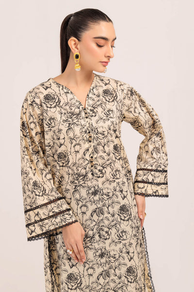 Dyed Cambric Screen Printed Beige Kurti - Bonanza