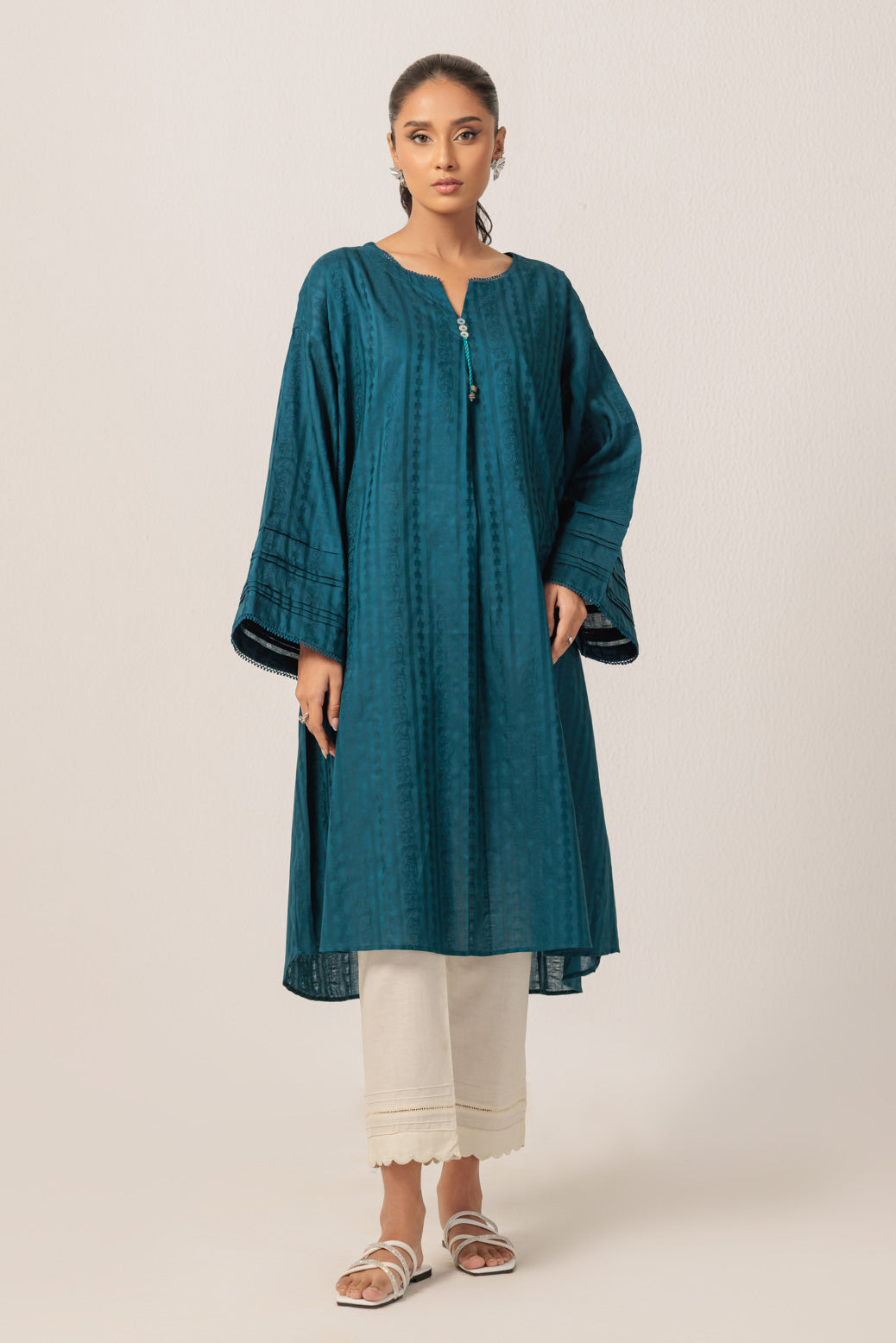 Dyed Self Jacquard Blue Kurti - Bonanza