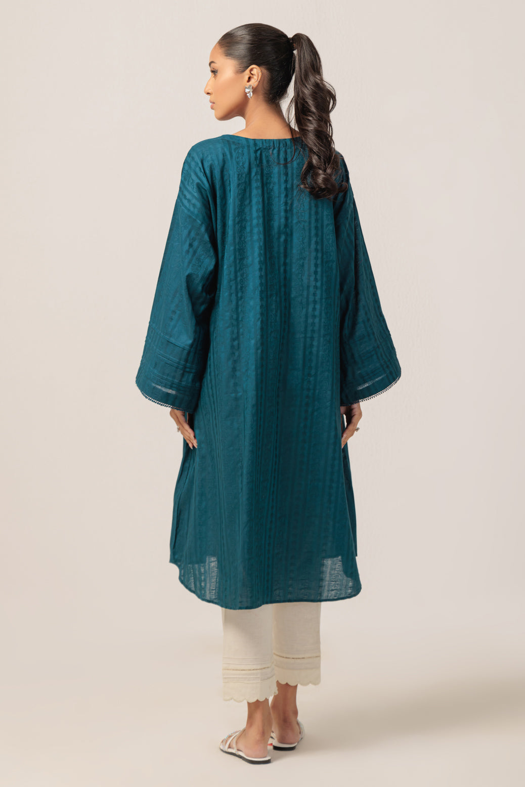 Dyed Self Jacquard Blue Kurti - Bonanza