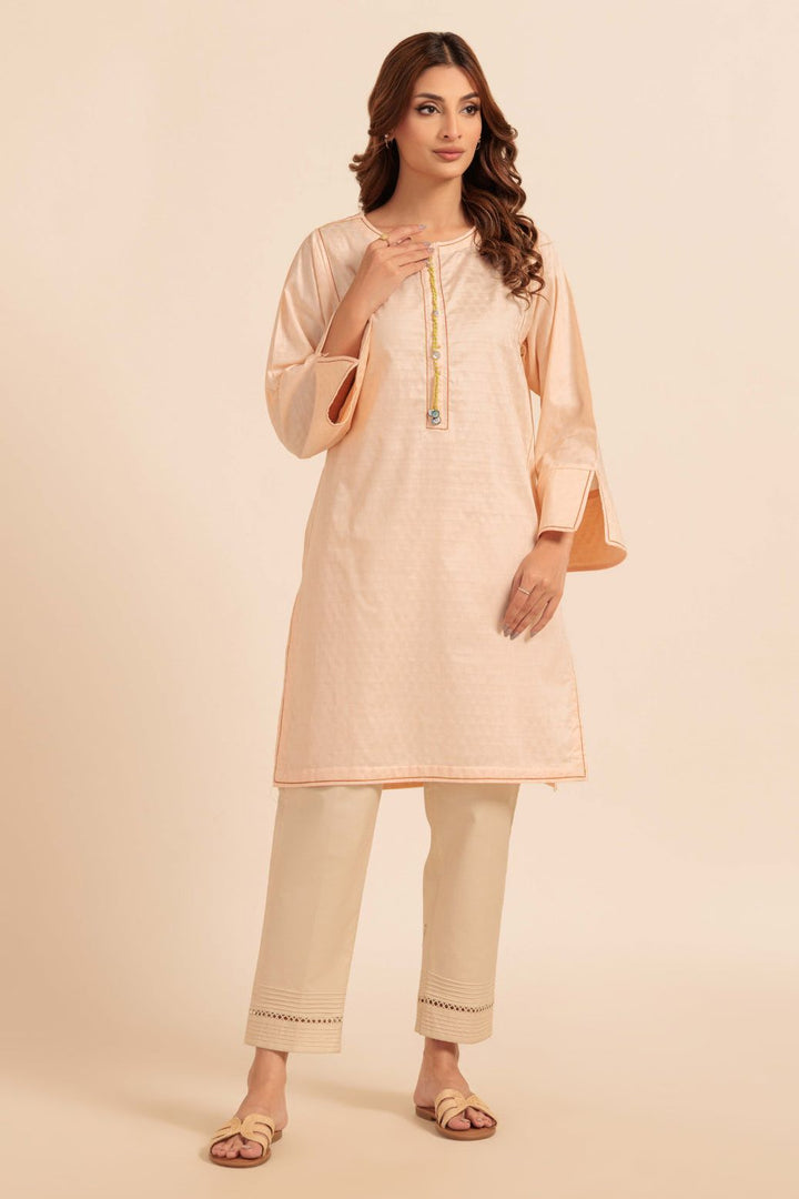 Dyed Self Jacquard Peach Kurti - Bonanza
