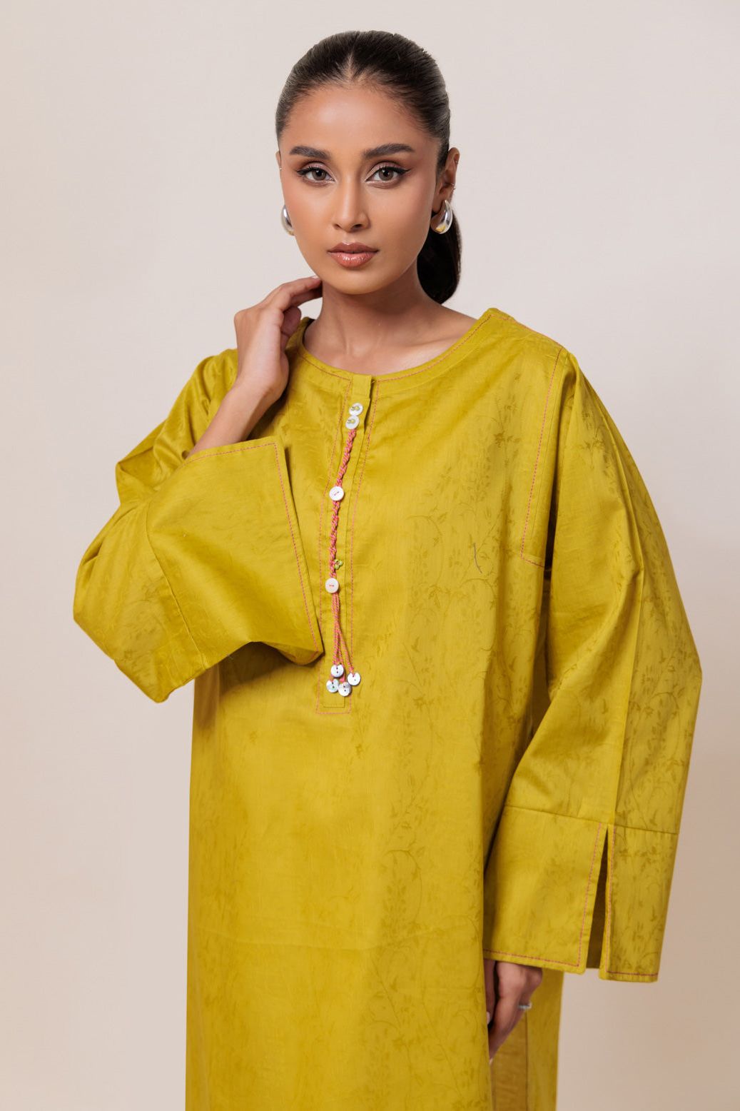 Dyed Self Jacquard Green Kurti - Bonanza
