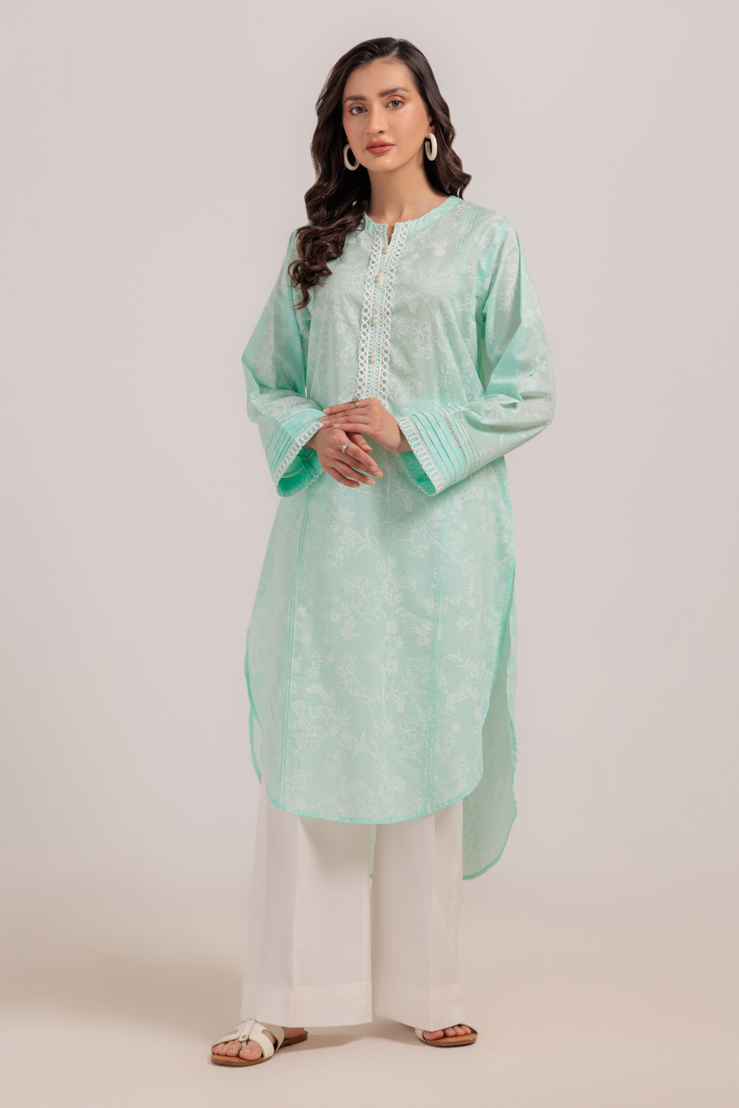 Dyed Cambric Screen Printed Parrot Green Kurti - Bonanza