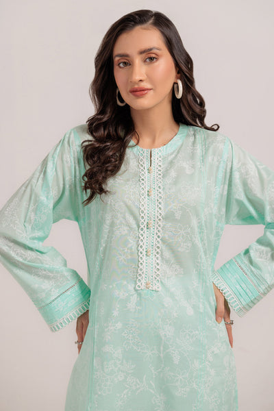 Dyed Cambric Screen Printed Parrot Green Kurti - Bonanza