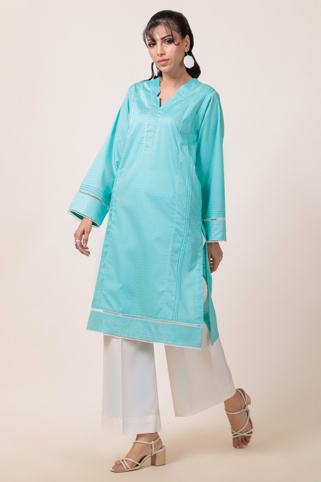 Dyed Self Jacquard Sky Blue Kurti - Bonanza