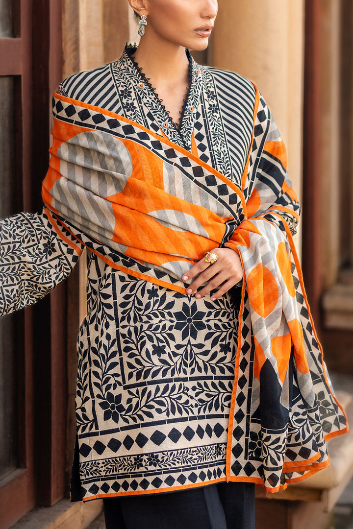 Khaddar Printed Black & Orange Stitched Suit - Gul Ahmed