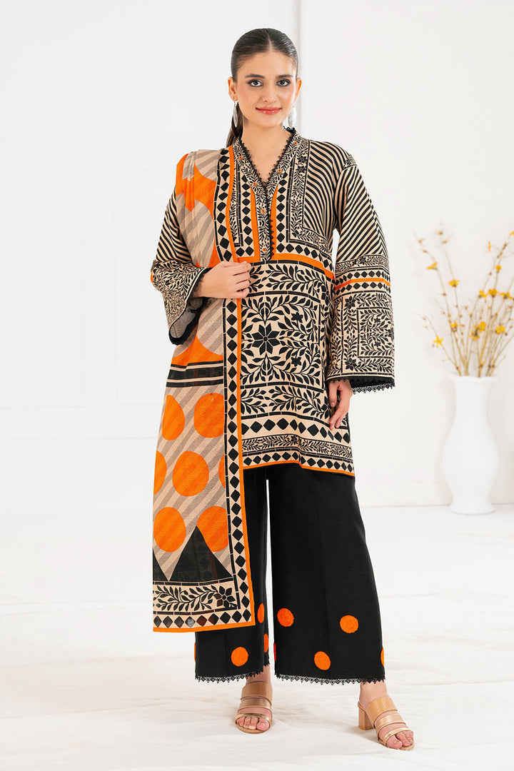 Khaddar Printed Black & Orange Stitched Suit - Gul Ahmed
