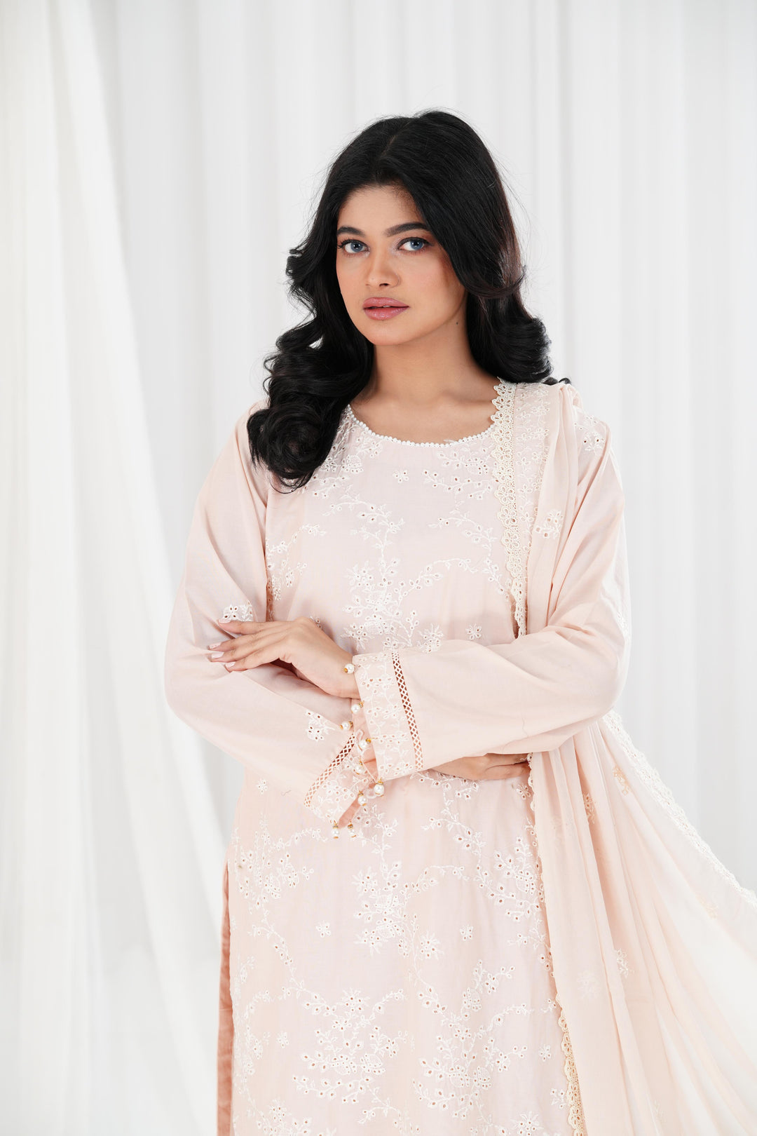 Rosy Dusk - Cross Stitch Chikankari Stitched