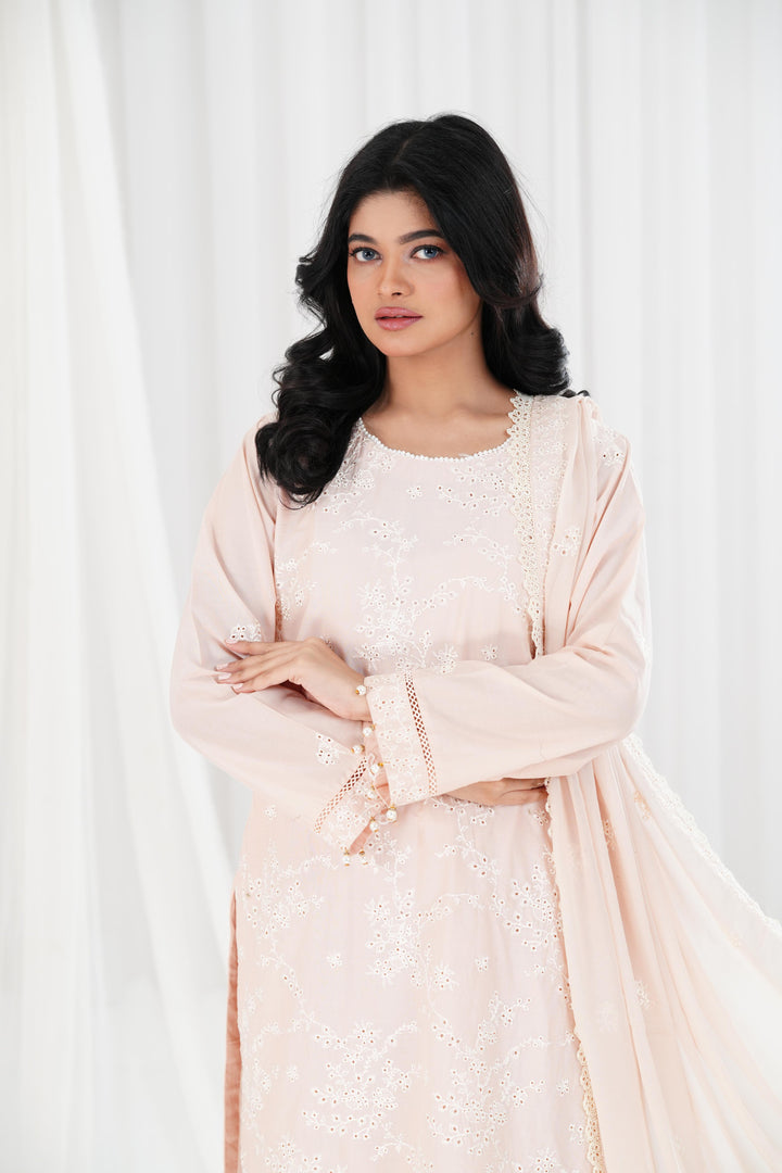 Rosy Dusk - Cross Stitch Chikankari Stitched