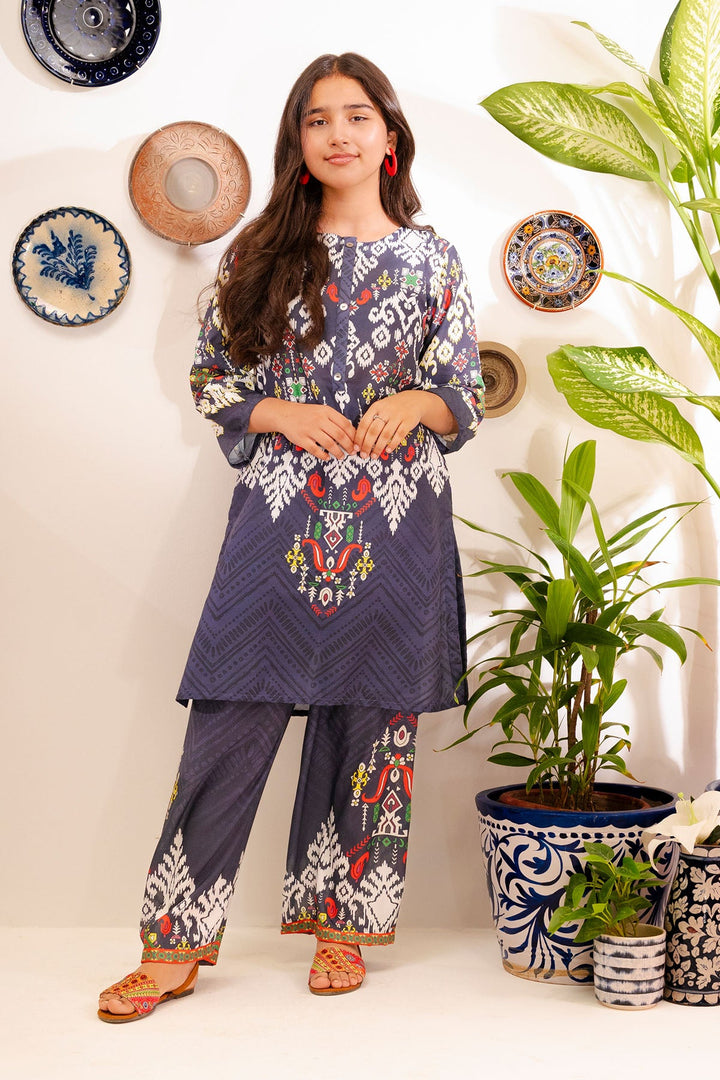 Swiss Lawn Digital Printed Navy Blue Stitched Suit - Ochre