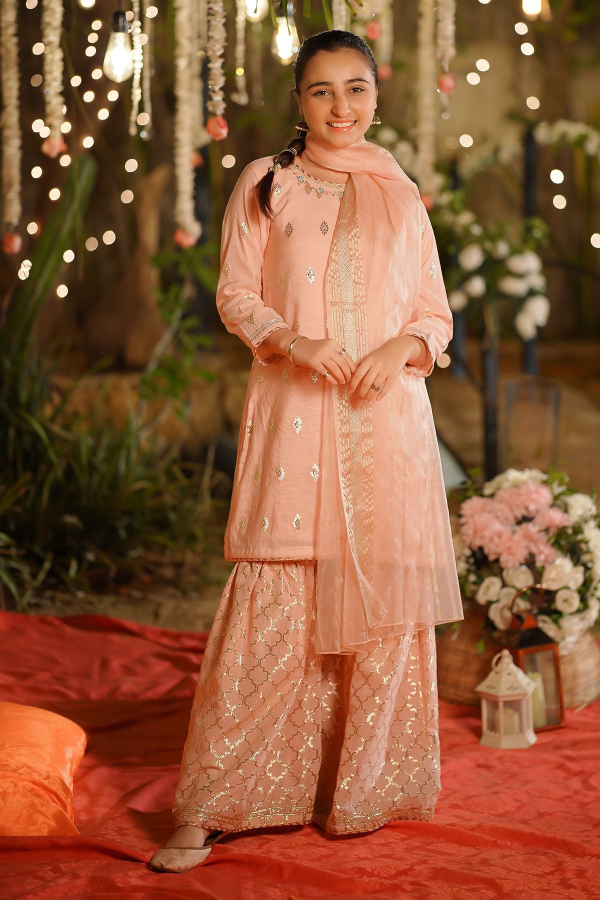 Viscose Jacquard Hand Adda Work Peach Stitched Suit - Ochre