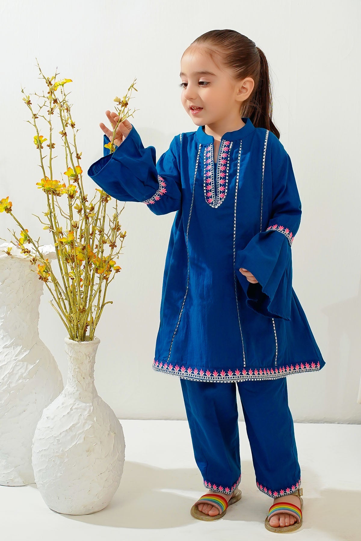 Cotton Embroidered Blue Stitched Suit - Ochre