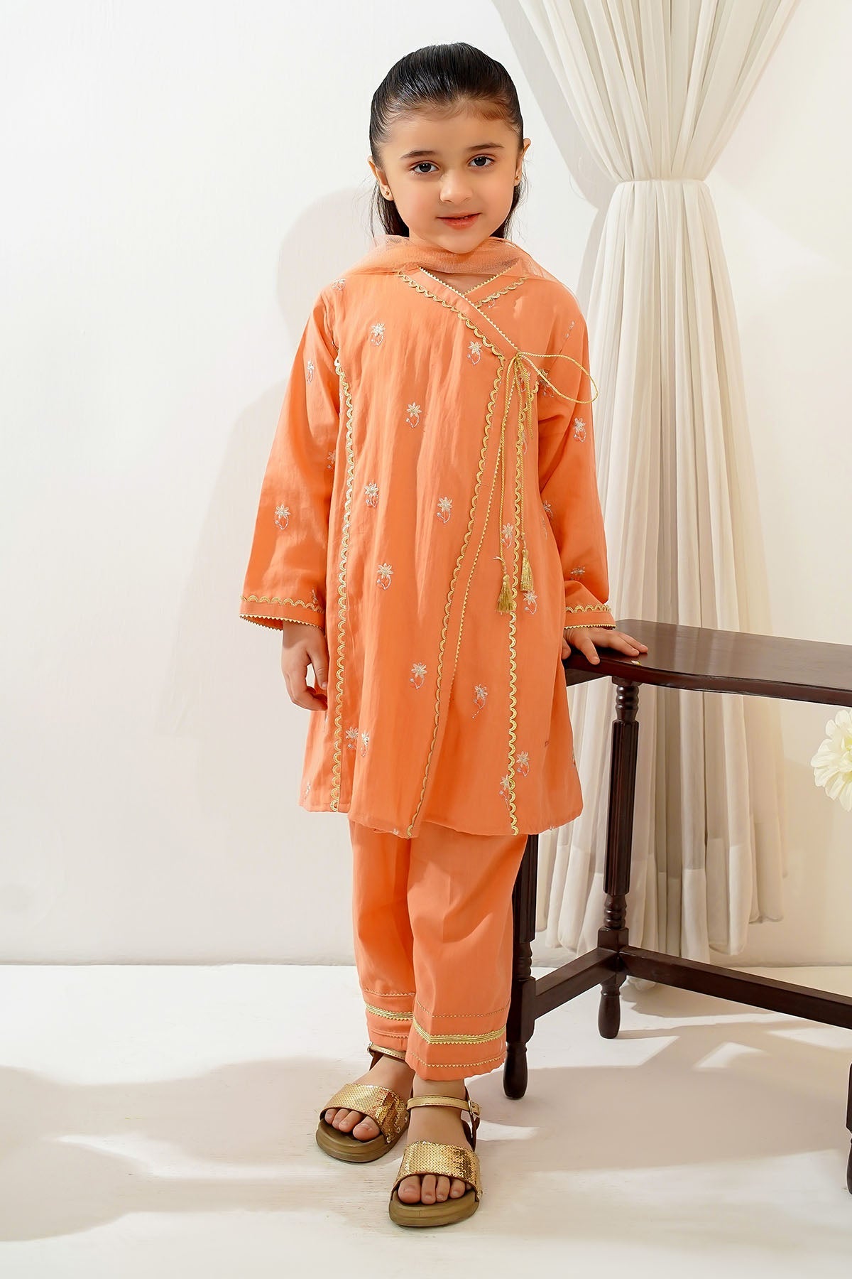 Cotton Embroidered Orange Stitched Suit - Ochre