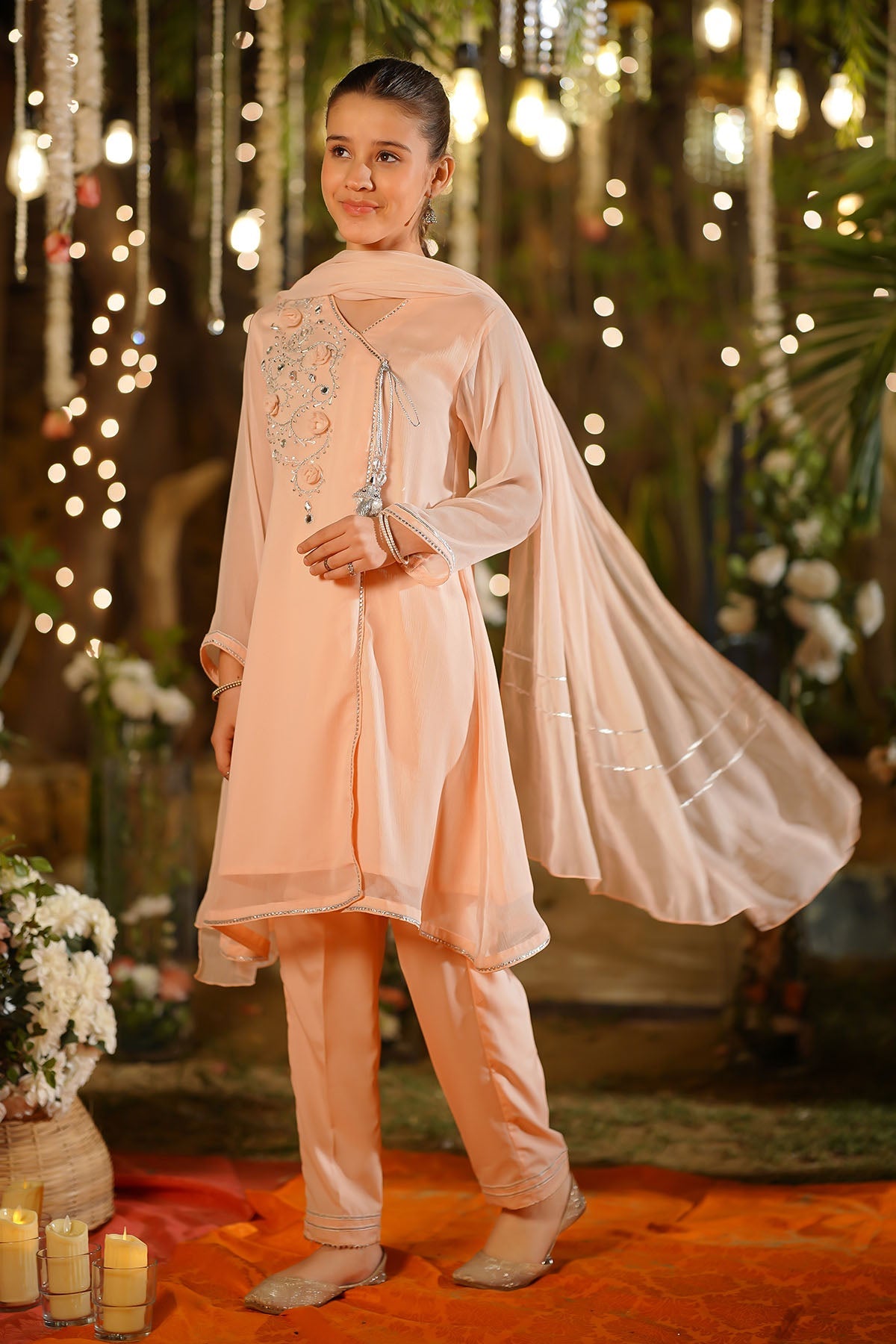 Chiffon Hand Adda Work Peach Stitched Suit - Ochre