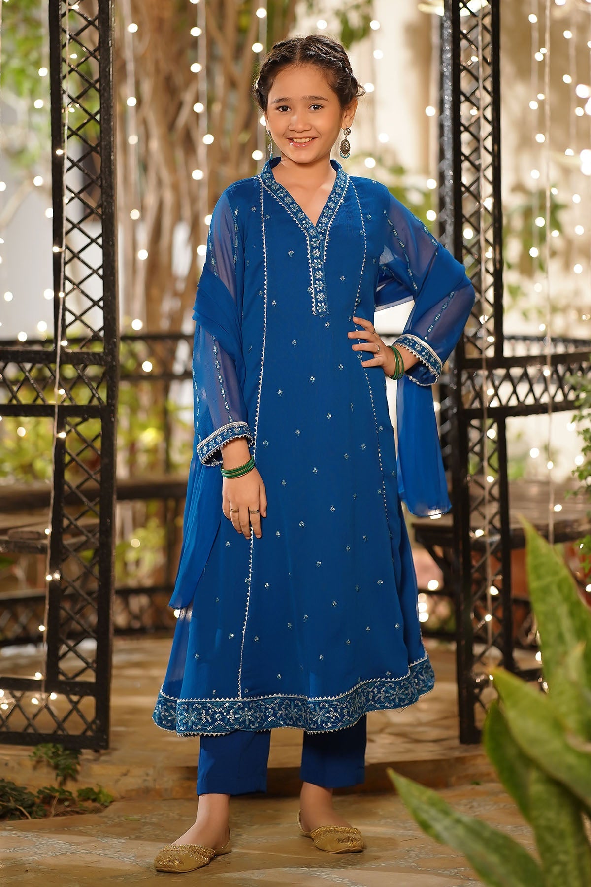 Chiffon Embroidered Royal Blue Stitched Suit - Ochre