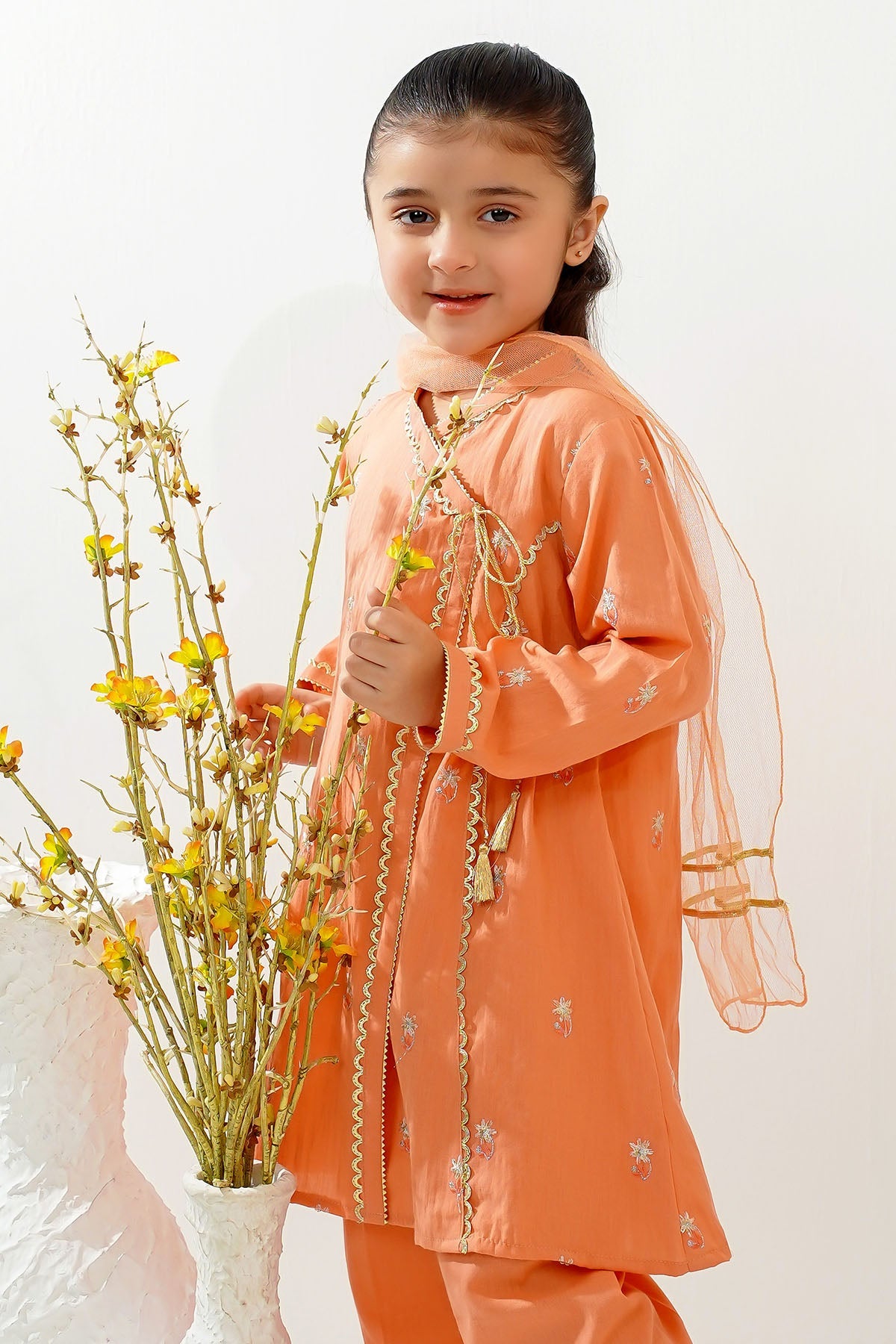 Cotton Embroidered Orange Stitched Suit - Ochre