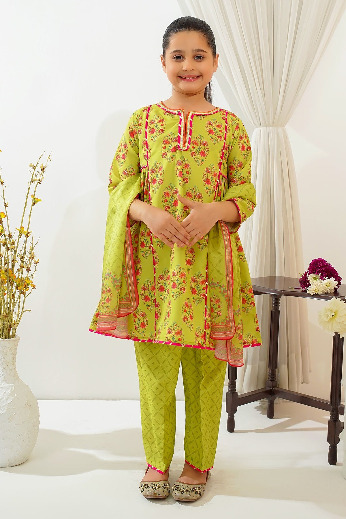 Swiss Lawn Digital Printed Parrot Green Stitched Suit - Ochre