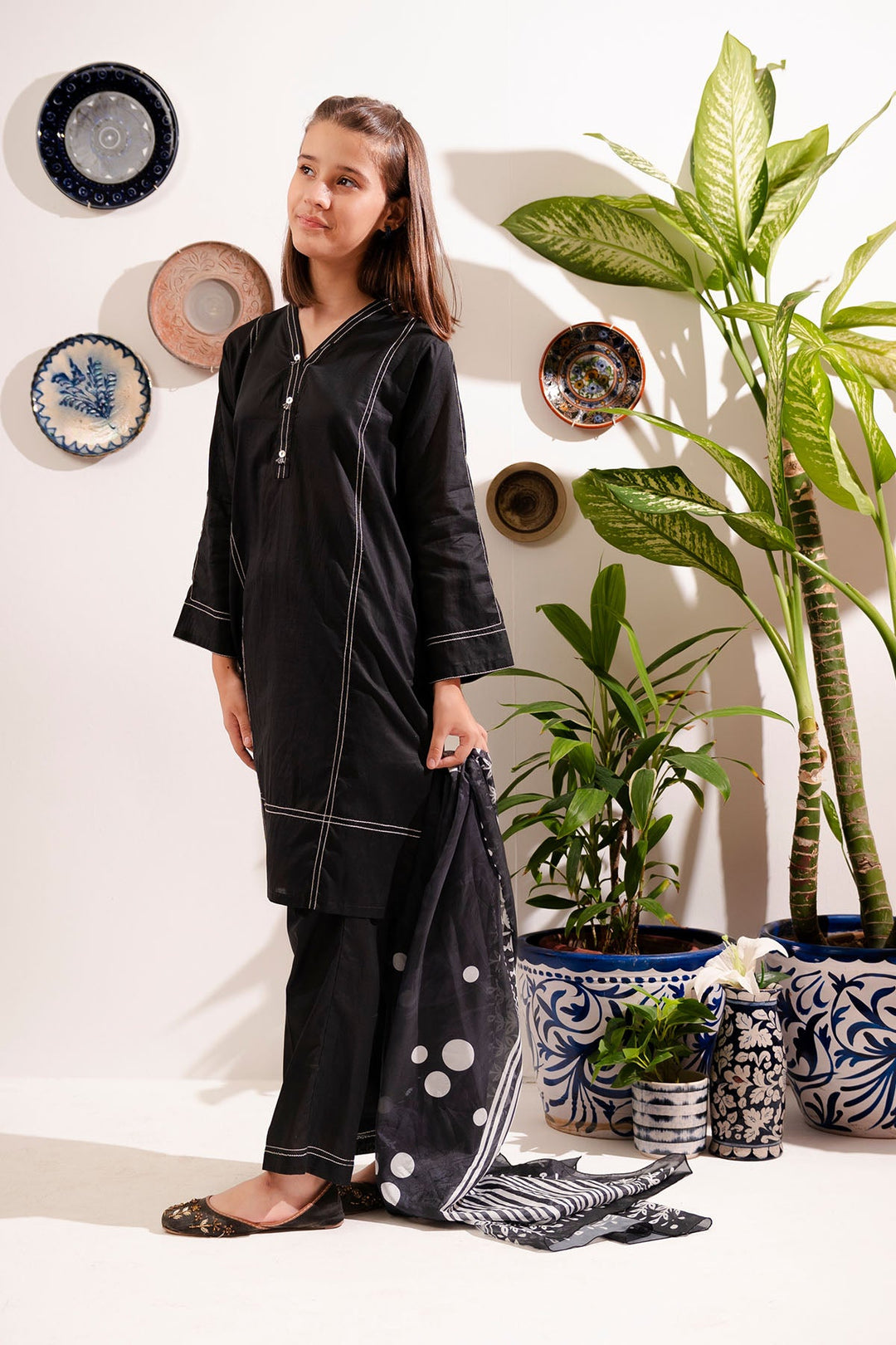 Cotton Black Stitched Suit - Ochre