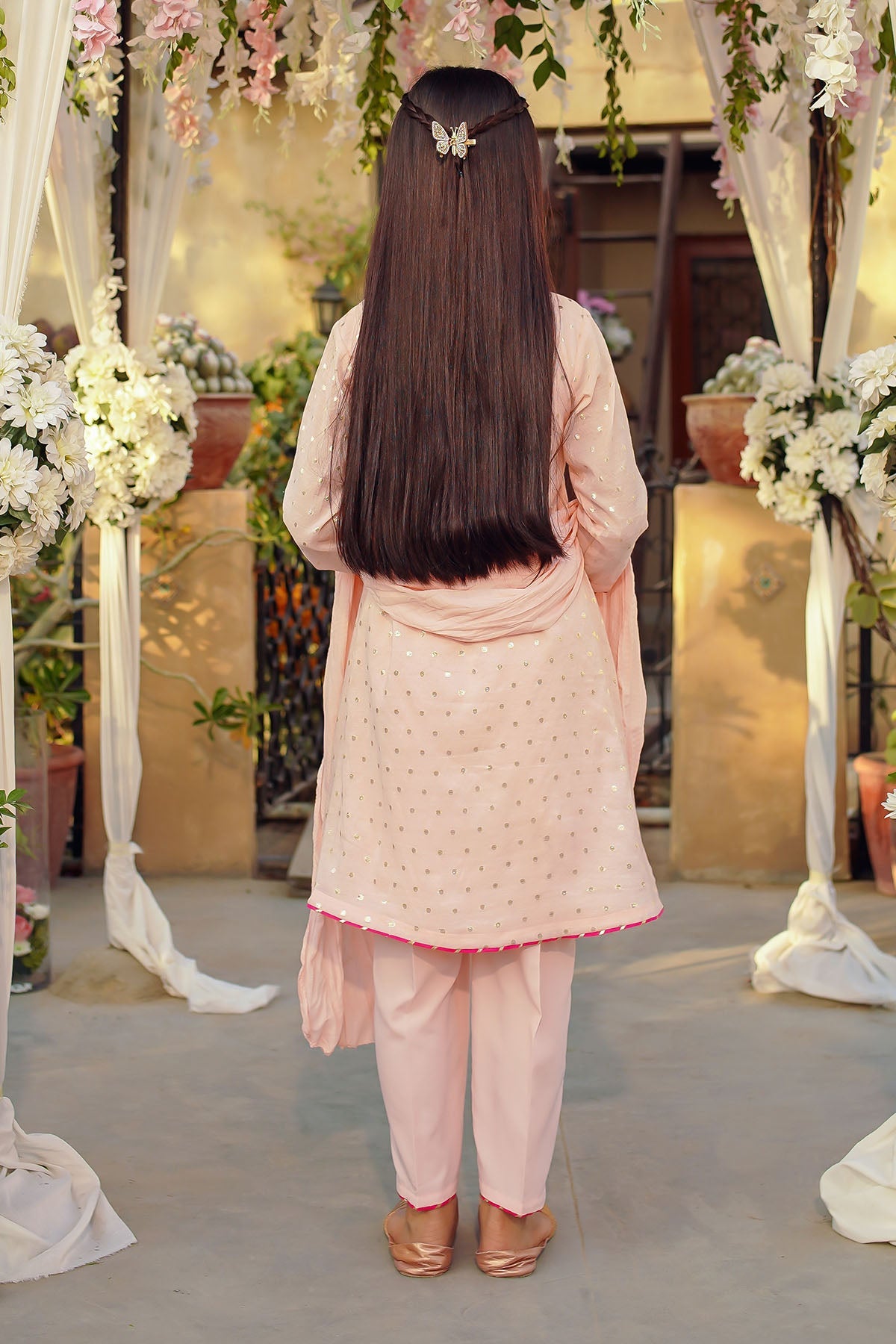 Zari Jacquard Hand Adda Work Light Peach Stitched Suit - Ochre