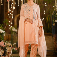 Chiffon Hand Adda Work Peach Stitched Suit - Ochre