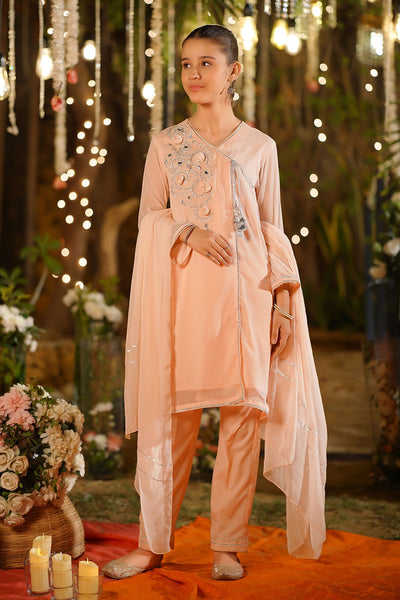 Chiffon Hand Adda Work Peach Stitched Suit - Ochre