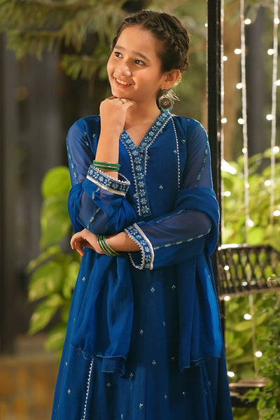 Chiffon Embroidered Royal Blue Stitched Suit - Ochre