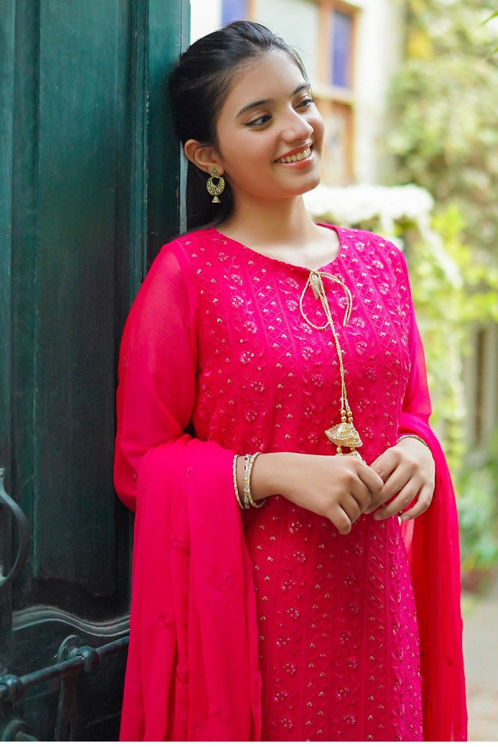 Chiffon Embroidered Red 3 Piece Stitched Suit - Ochre