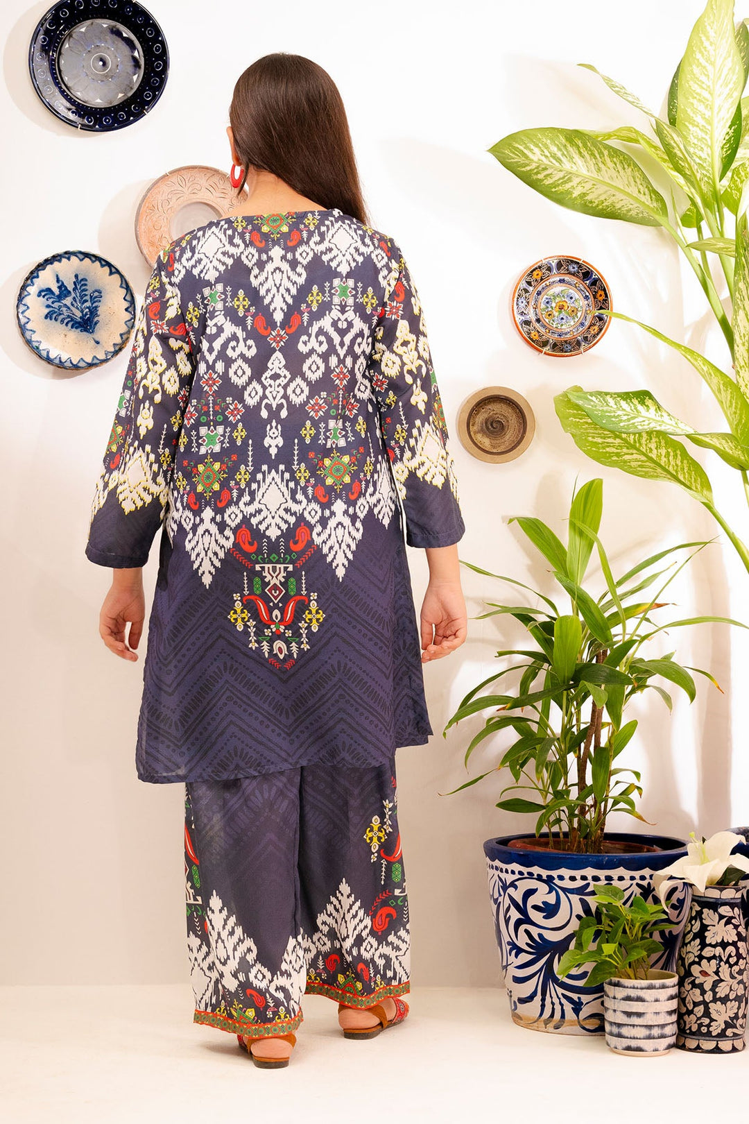 Swiss Lawn Digital Printed Navy Blue Stitched Suit - Ochre