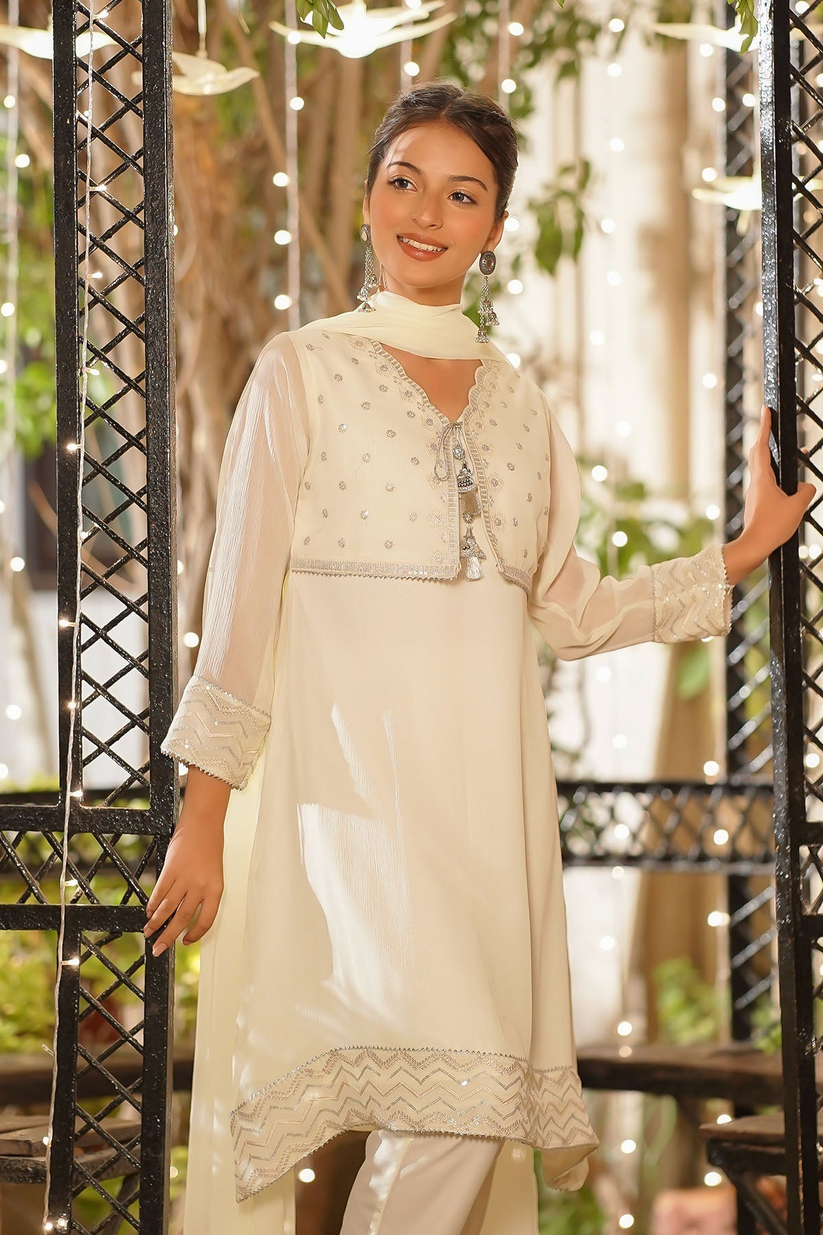 Chiffon Embroidered Off White Stitched Suit - Ochre