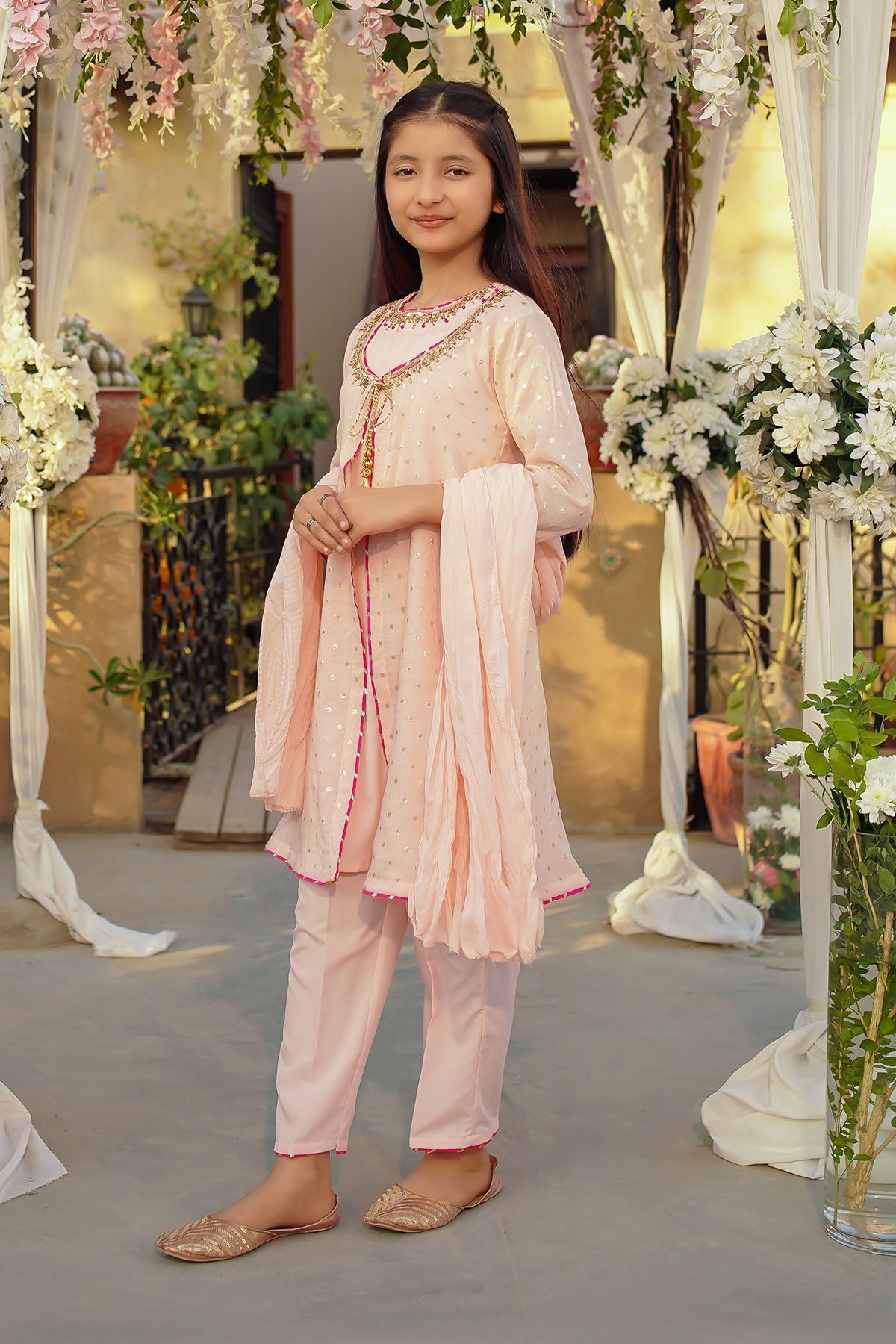 Zari Jacquard Hand Adda Work Light Peach Stitched Suit - Ochre