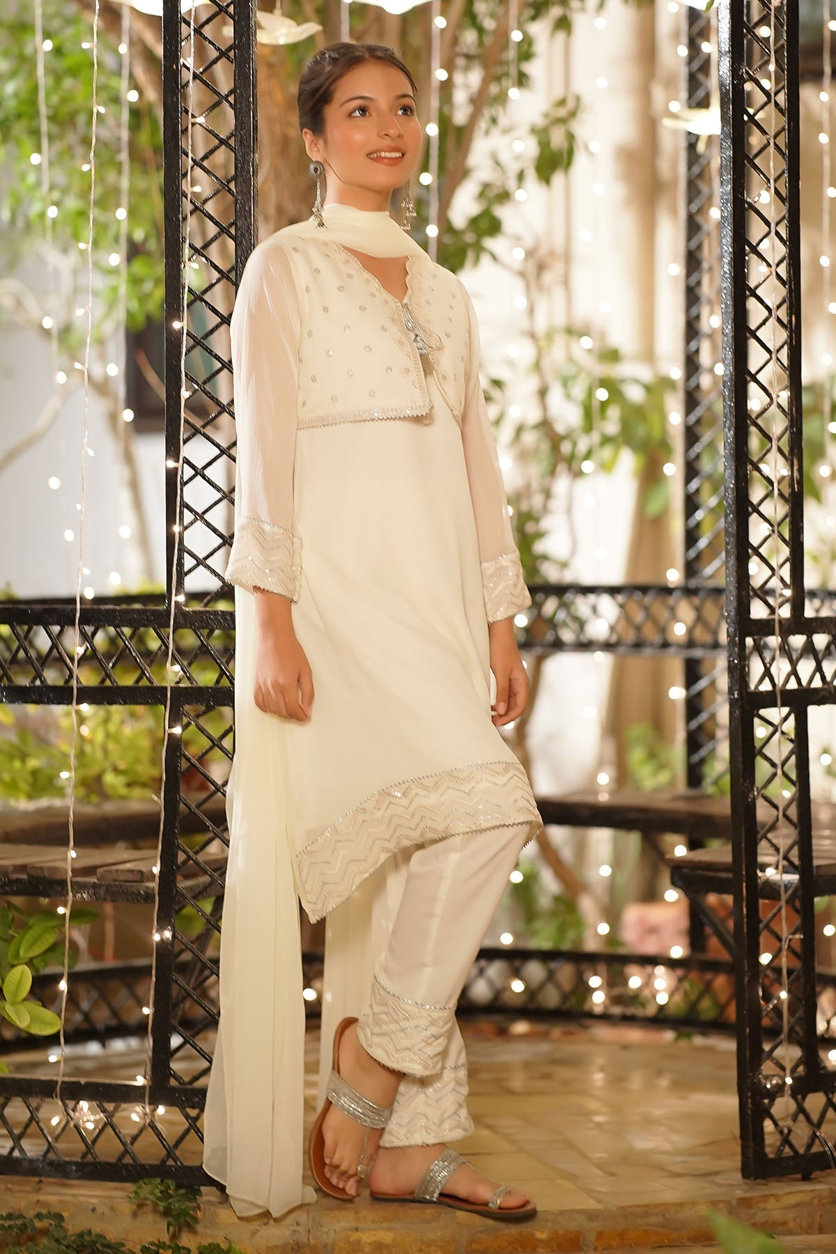 Chiffon Embroidered Off White Stitched Suit - Ochre