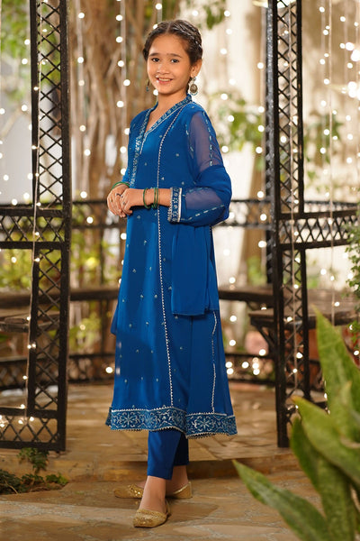 Chiffon Embroidered Royal Blue Stitched Suit - Ochre