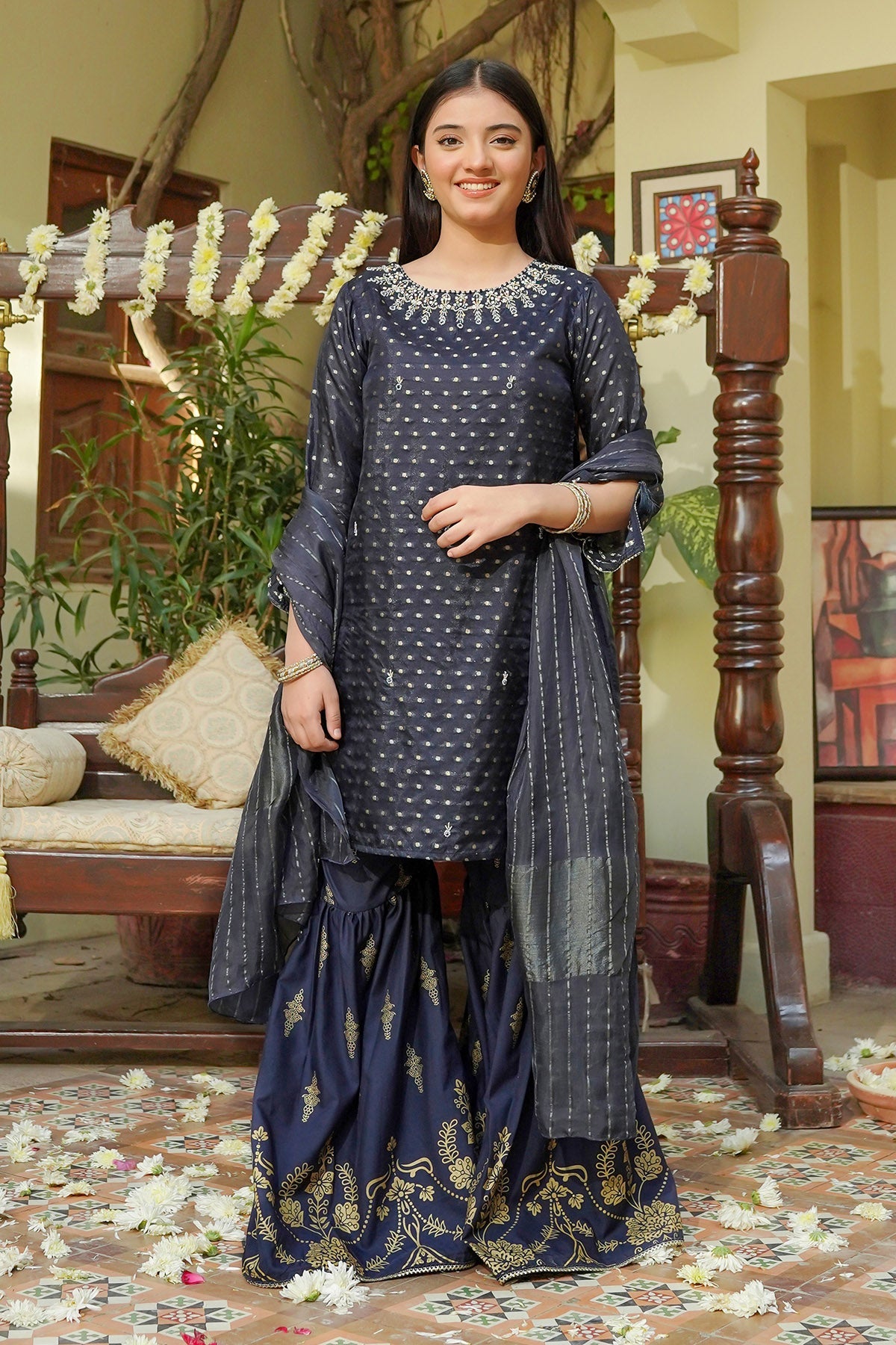 Cotton Jacquard Hand Adda Navy Blue 3 Piece Stitched Suit - Ochre