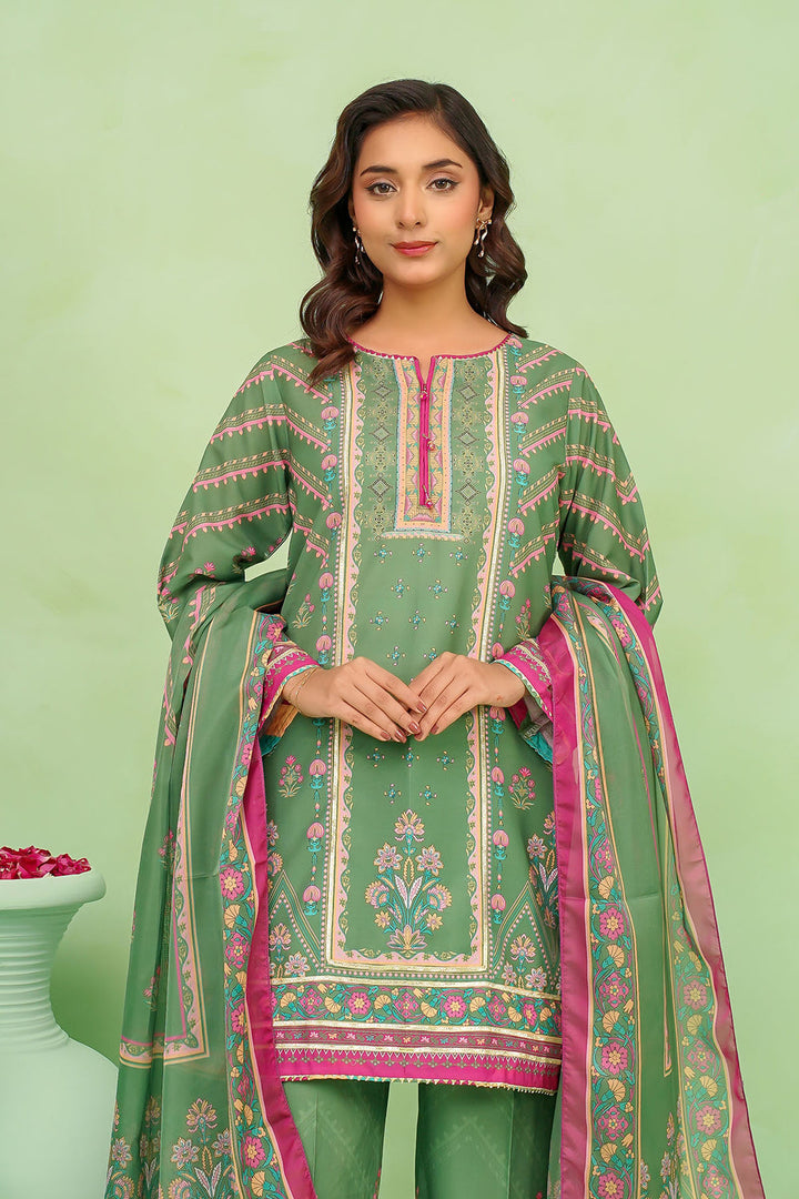 Poly Lawn Digital Printed Olve Green Stitched Suit - Ochre