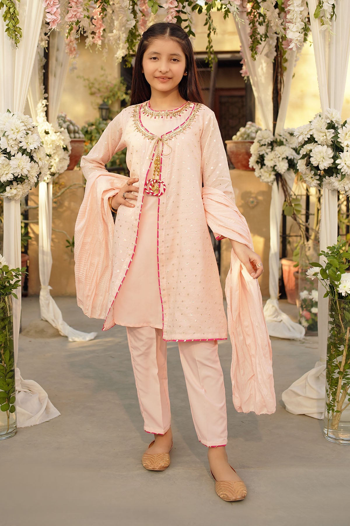 Zari Jacquard Hand Adda Work Light Peach Stitched Suit - Ochre