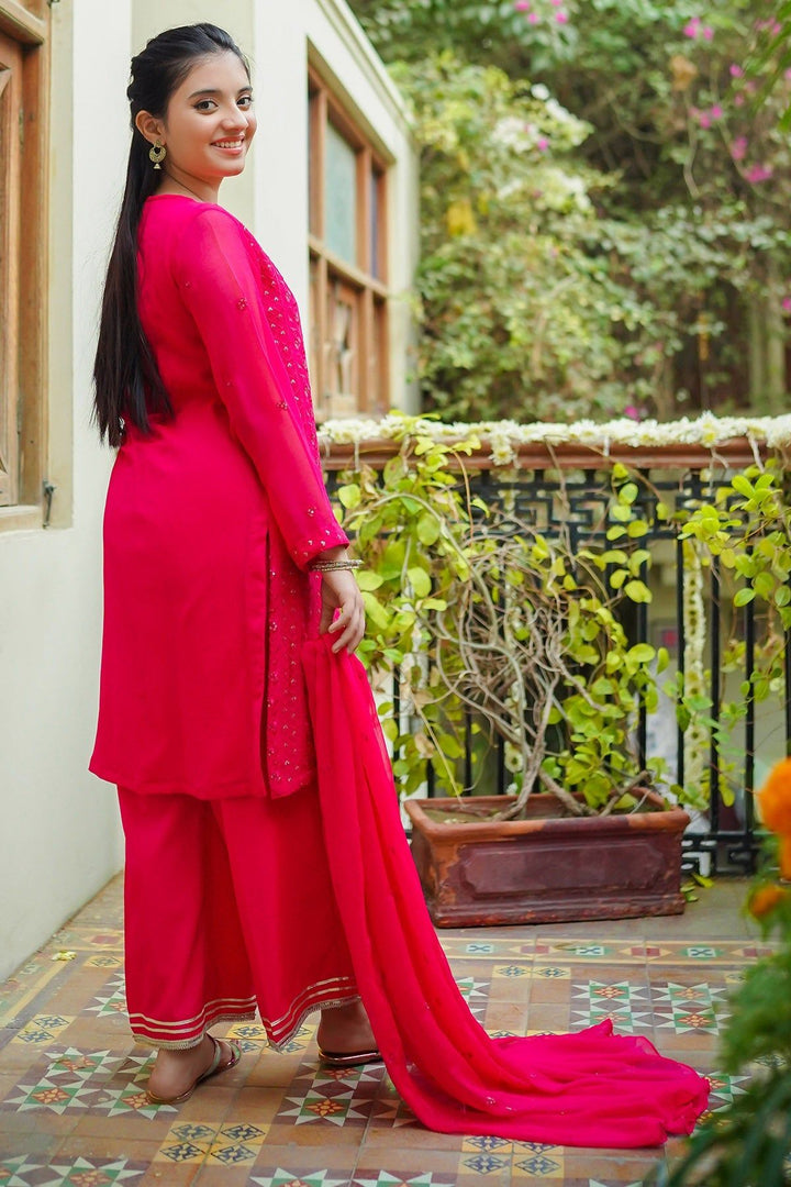 Chiffon Embroidered Red 3 Piece Stitched Suit - Ochre
